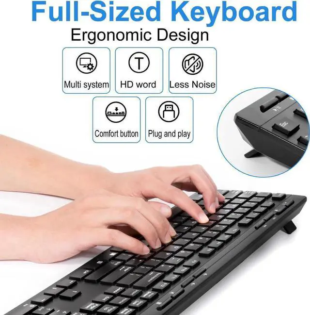 Alt view image 3 of 7 - Be-an 2.4GHz Full Size Wireless Keyboard and Mouse Combo, Ergonomic Design Compatible with Windows and Linux, 1000/1200/1600 DPI, Batteries Included - Plug and Play