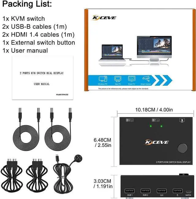 Alt view image 7 of 7 - Dual Monitor KVM Switch HDMI 2 Port for 2 Monitors 2 Computers, 4K@30Hz Dual Monitor HDMI KVM Switch USB 2.0 Switcher 2 in 2 Out PC Keyboard Mouse Switcher Support Extended And Copy Display