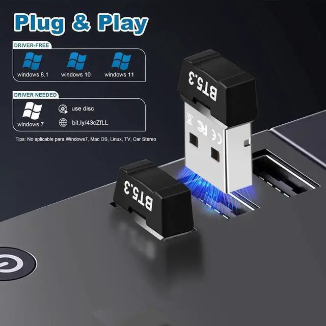 Alt view image 6 of 7 - Bluetooth 5.3 Adapter for PC, Plug and Play Bluetooth Dongle, USB Bluetooth Adapter 5.3 for Desktop Laptop PC with Windows 11/10/8.1