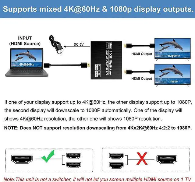 Alt view image 7 of 7 - 4K@60Hz HDMI Splitter 1 in 2 Out, Aluminum HDMI Splitter for Dual Monitors Duplicate/Mirror with Same Image, 1x2 HDMI2.0b Splitter HDCP2.2 for Xbox, PS5, Roku (1 Source onto 2 Displays)