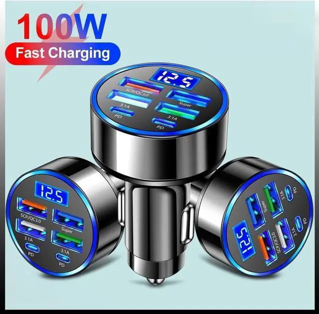 Alt view image 4 of 6 - 6-in-1 Multi-Port Car Charger with Voltage Detection 2PD+3USB+QC3.0 Fast Charge Cigarette Lighter Plug Adapter Compatible with iPhone Android iPad Pro and More