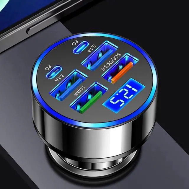 Main image of 6-in-1 Multi-Port Car Charger with Voltage Detection 2PD+3USB+QC3.0 Fast Charge Cigarette Lighter Plug Adapter Compatible with iPhone Android iPad Pro and More