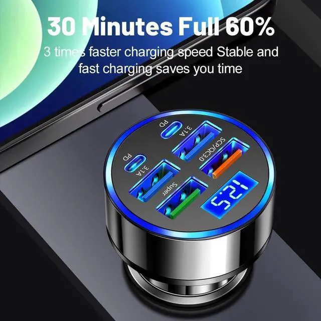 Alt view image 5 of 6 - 6-in-1 Multi-Port Car Charger with Voltage Detection 2PD+3USB+QC3.0 Fast Charge Cigarette Lighter Plug Adapter Compatible with iPhone Android iPad Pro and More