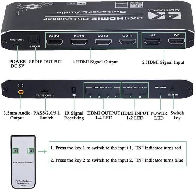Alt view image 7 of 7 - 4K HDMI Splitter 2x4,HDMI Switch 2 in 4 Out Switcher Box with Audio Extractor and IR Remote Control, Support Ultra 4K HDR,4Kx2K@60Hz, 3D, 1080P,HDMI 2.0b, HDCP 2.2