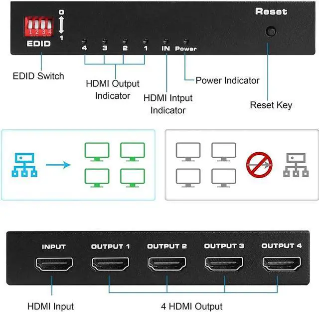 Alt view image 7 of 7 - 4K 60Hz HDMI 2.0 Switch Splitter,4 Port 4K HDMI Switcher 4 in 1 Out Metal HDMI Switches Selector Box Support EDID HDCP 2.2 Support 4K@60Hz Ultra HD 3D 2160P 1080P, Power Adapter Include