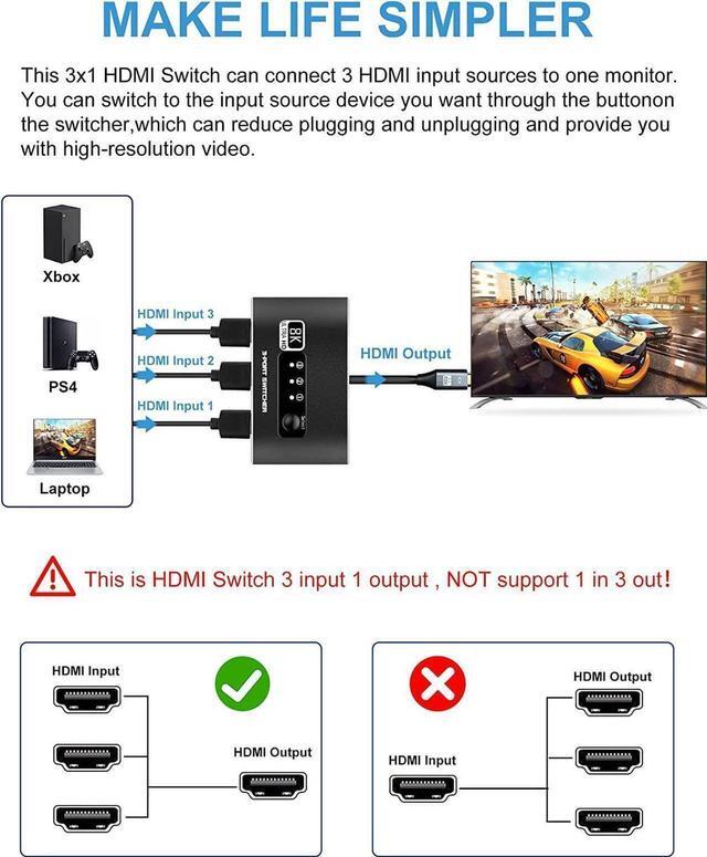 Alt view image 2 of 6 - HDMI 2.1 SwitchAluminum Alloy 8K@60Hz HDMI Switch 3 in 1 Out, 3x1 HDMI Switcher Selector, Supports 4K@120Hz, Ultra HD, 4K HDMI Selector Switcher for Game Consoles, Fire Stick