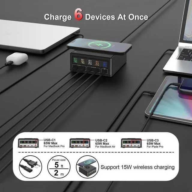 Alt view image 6 of 6 - 160W USB C GaN Charger,Ubigbuy 65W 5-Ports PD 3.0 USB C Fast Charging Station,Desktop Wireless USB C Power Adapter Hub with Display for MacBook Pro Air iPhone iPad