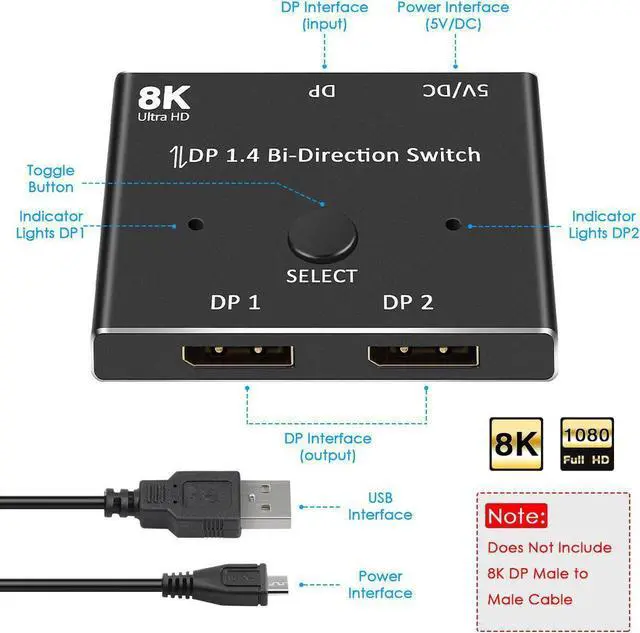 Alt view image 5 of 7 - DP 1.4 DisplayPort 8K Converter Switcher Adapter Bidirectional DP Splitter 2 in 1 Out/1 in 2 Out for PC/Monitor Support 8k@60Hz / 4K@120Hz Compatible with PC Host Monitor Laptop