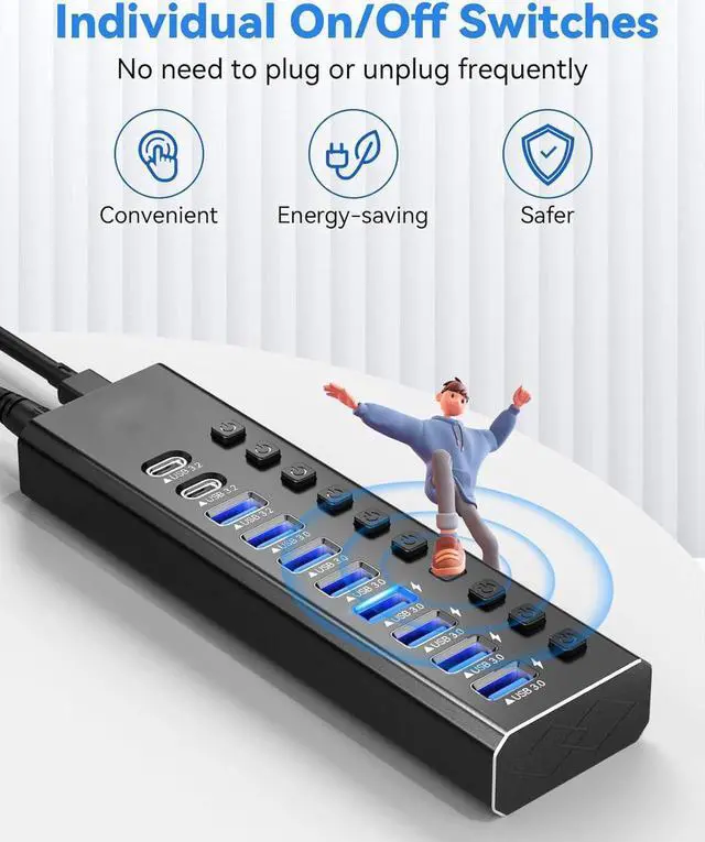 Alt view image 4 of 7 - Powered USB Hub 3.2, 10-Port USB 3.2/USB C Hub (10Gbps USB-A 3.2 +2 USB-C 3.2 +7 USB 3.0 Ports) with Individual On/Off Switches and 12V Power Adapter, Aluminum USB Hub Powered for Laptop PC
