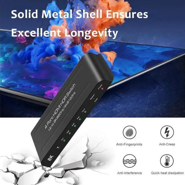 Alt view image 7 of 7 - [Upgraded] HDMI 2.1 Switch 8K @60Hz 4K @120Hz 4 in 1 Out HDMI Auto Switcher with Remote Support 48Gbps, HDR10+, HDCP2.3, D-o-l-b-y Vision/ Atmos and CEC (with US Power Adapter)
