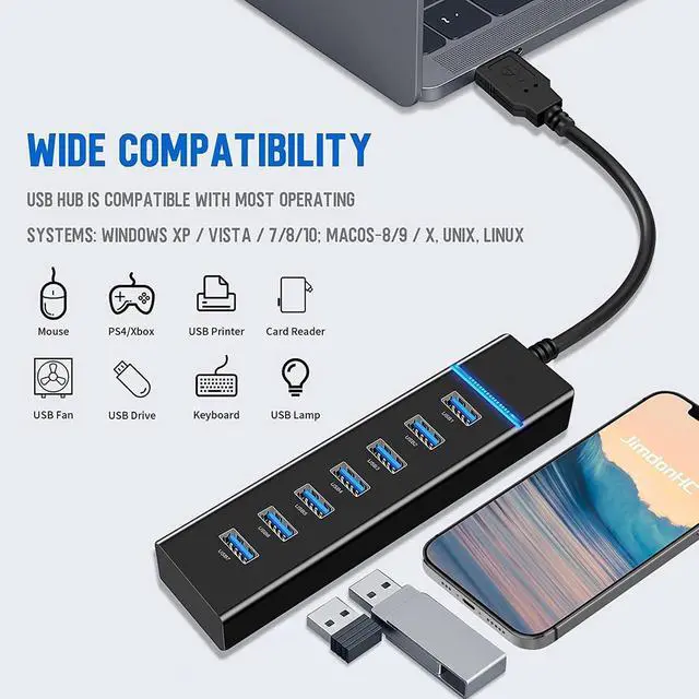 Alt view image 7 of 7 - USB3.0 Hub, 7 Port USB 3.0 Hub LED Portable High-Speed USB Hub Compatible for iMac Pro, MacBook Air, Mac Mini/Pro, Surface Pro, PC and Laptop