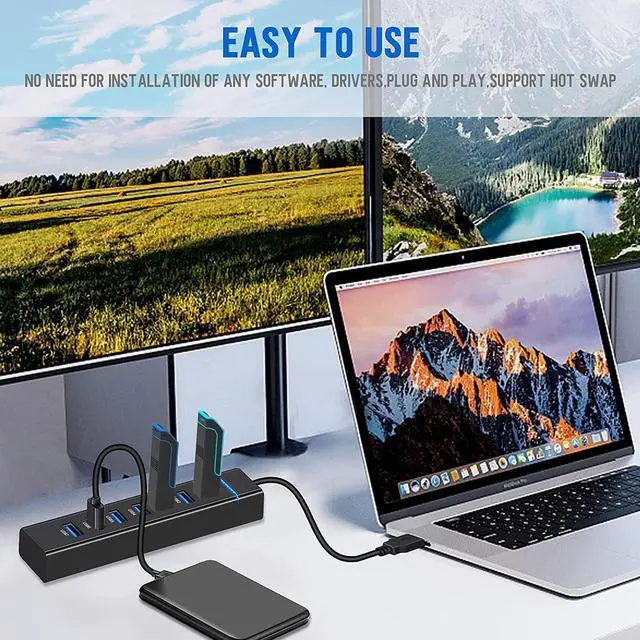 Alt view image 3 of 7 - USB3.0 Hub, 7 Port USB 3.0 Hub LED Portable High-Speed USB Hub Compatible for iMac Pro, MacBook Air, Mac Mini/Pro, Surface Pro, PC and Laptop