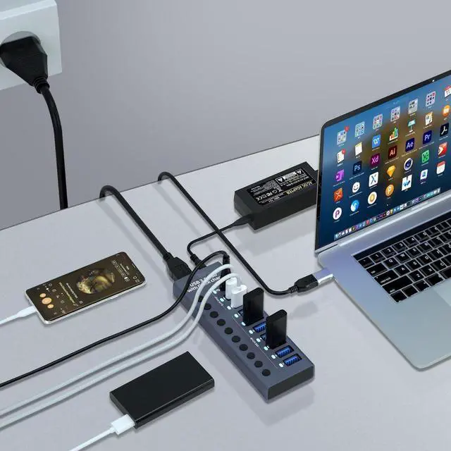 Alt view image 4 of 7 - Aluminum Powered USB 3.0 Hub,10-Port USB Hub Splitter (7 USB 3.0 Data Transmission Ports + 2 Smart Charging Ports + 1 PD Charging Port), with 60W (12V/5A) Power Adapter and Independent Switch 7 Ports
