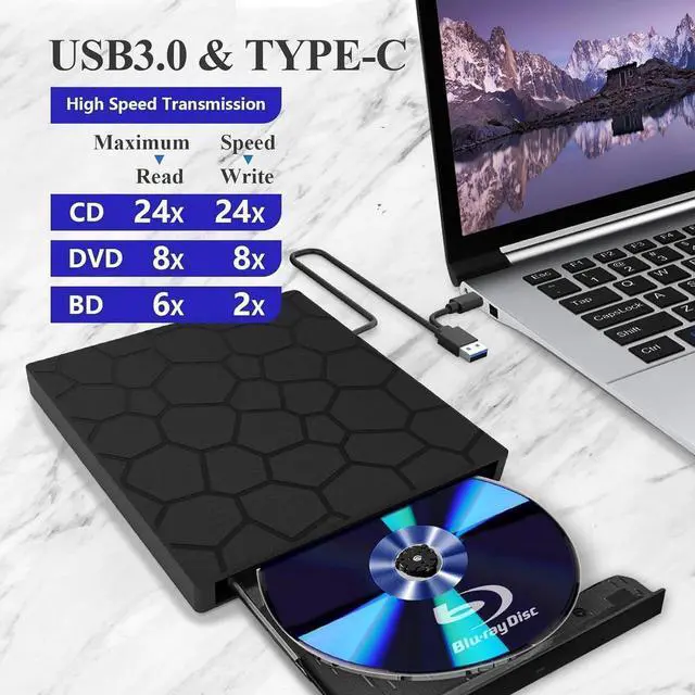 Alt view image 2 of 7 - External Blu ray Drive, USB 3.0 Type-C 3D Blu RAL Drive, External CD/DVD Drive, DVD/BD Player Read/Write Portable Blu-ray Drive for Laptop Windows PC Mac Mac-Book Desktop