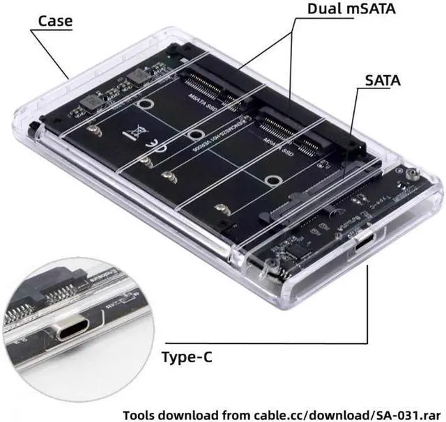 Alt view image 5 of 7 - Aomoproing Dual MSATA Mini-SATA SSD Card JBOD Raid0 Span Bridge to USB3.0 Type-C USB-C 2.5inch SATA Combo Enclosure