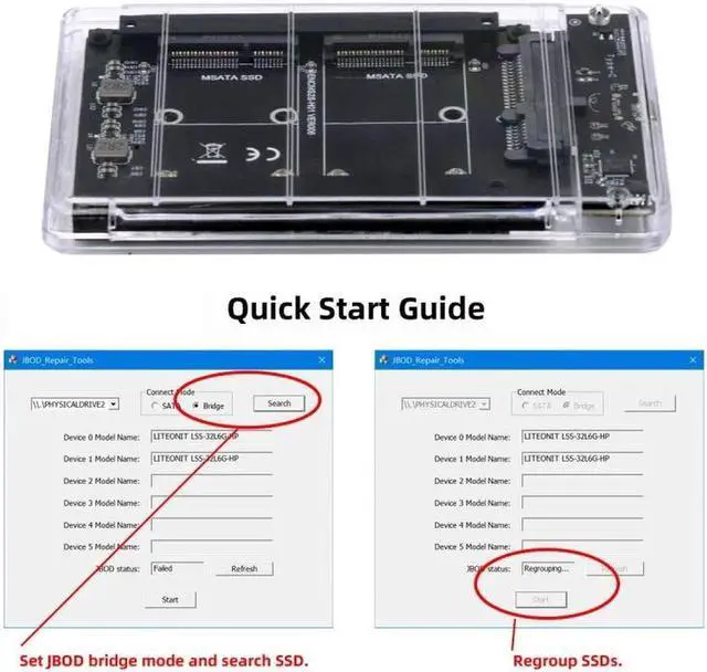 Alt view image 4 of 7 - Aomoproing Dual MSATA Mini-SATA SSD Card JBOD Raid0 Span Bridge to USB3.0 Type-C USB-C 2.5inch SATA Combo Enclosure
