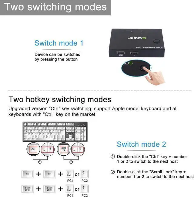 Alt view image 6 of 7 - KVM Switch HDMI 2 Port Box, Share 2 Computers with one Keyboard Mouse and one HD Monitor, Support Wireless Keyboard and Mouse Connections, UHD 4K (3840x2160) Supported