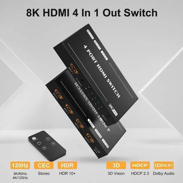 Alt view image 6 of 6 - 4 port 8K HDMI Switch Splitter 4 In 1 Out HDMI 2.1 Switcher 8K@60Hz 4K@144Hz for Switch Multiple Source and Display Compatible with PS5 Xbox Set-top Box etc More