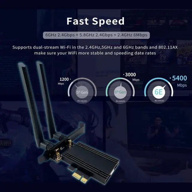 Alt view image 2 of 7 - PCIe WiFi 6E Card, AX210 Network Card,Tri-Band 6G/5.8G/2.4GHz, Bluetooth 5.2 (802.11ax) 5400Mbps Wireless Wi-Fi Cards Adapter with MU-MIMO, OFDMA, Support Windows 10/11 (64-bit) for Desktop PC (Black)