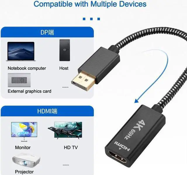 Alt view image 2 of 7 - Displayport to HDMI Adapter 4K@60Hz Gold Plated DP to HDMI 2.0 Video Display Converter for Desktop PC HDMI Connector Adapter 7.87 Male to Female Cable