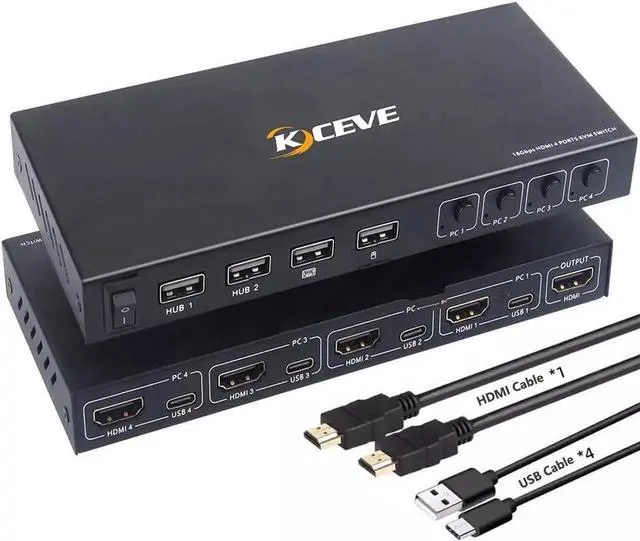 Main image of HDMI KVM Switch 4 in 1 Out, KVM Switches 4 Port 4K@60Hz KVM Switch 1 Monitors 4 Computers HDMI KVM Monitor Switch for 4 Computers, KVM Switch Keyboard Mouse Adaptive EDID Hotkey Switching
