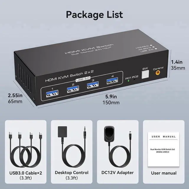 Main image of Dual Monitor HDMI KVM Switch, 2 Port HDMI 4K@60Hz KVM Switcher for 2 Computers 2 Monitors with 4 USB 3.0 Ports Support Copy and Extended Display and Desktop Control Including 2 USB 3.0 Cable