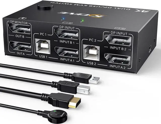 Main image of 2 Port DP KVM Switch Dual Monitor DisplayPort 1.4 8K @30Hz 4K @144Hz 2 in 2 Out, DP1.4 KVM Switch and 4 USB HUBs for 2 Computers, Backward Compatible DP1.2 with DP+USB Cables and Wired Controller