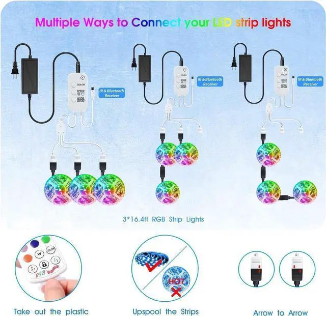 Alt view image 7 of 7 - 50ft/15M LED Strip Lights, HRDJ RGB LED Light Strip Music Sync RGB LED Strip,5050 SMD Color Changing LED Strip Light Bluetooth Controller + 24 Key Remote LED Lights for Bedroom Home Party