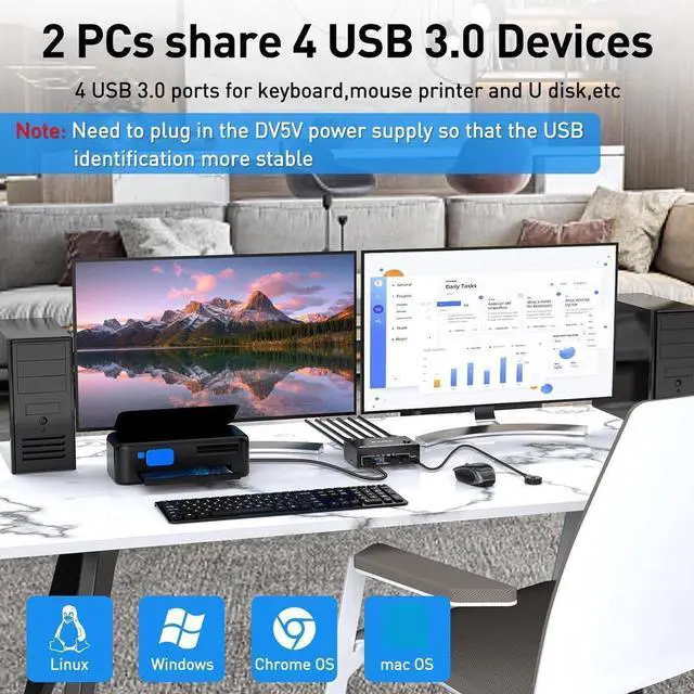 Alt view image 7 of 7 - 8K Displayport Dual Monitor KVM Switch, USB3.0 Displayport KVM Switch 2 Monitors 2 Computers 8K@30Hz 4K@144Hz,Displayport KVM Switch with 4 USB3.0 Ports,Wired Remote and USB Cables Included