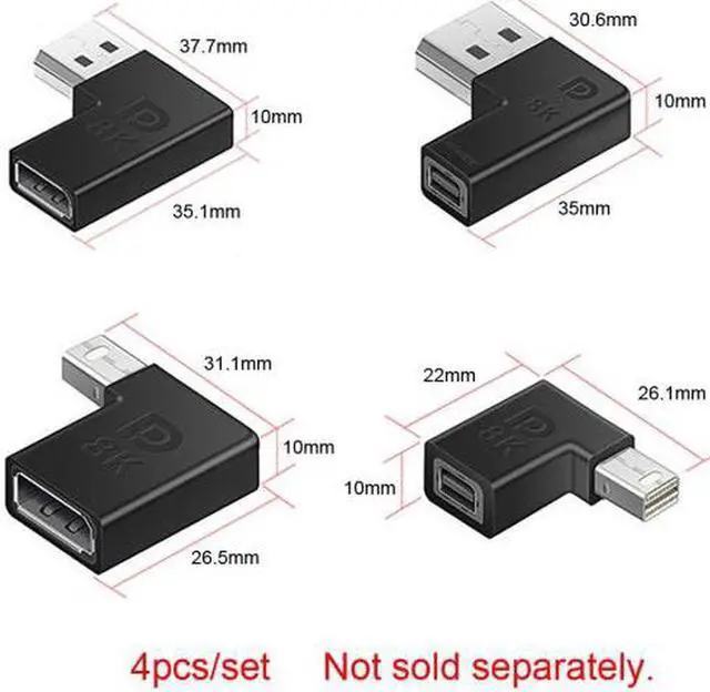Alt view image 5 of 7 - Aomoproing 4pcs/set Left Angled Mini DisplayPort 1.4 8K 60hz to DP Adapter Male Female Ultra-HD UHD for Video PC Laptop