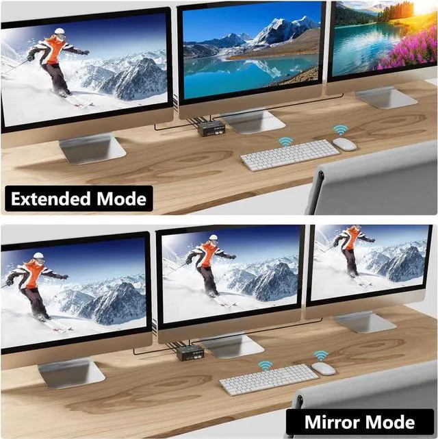 Alt view image 6 of 6 - USB 3.0 HDMI + 2 DisplayPort KVM Switch 3 Monitors 2 Computers, 8K@60Hz KVM Switch 4K@144Hz, KVM Switch Displayport 1.4 + HDMI 2.1 for 2 PC Share Mouse, Keyboard and 3 Monitors, with Wired Remote