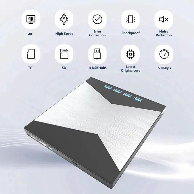 Alt view image 4 of 7 - 7-in-1 External Blu Ray Drive, 4K Portable Blu Ray Burner USB 3.0 Type-C BD Player with SD/TF Port, CD/DVD Burner R/W 3D BluRay Drive, External 4K Blu Ray Drive Compatible with Windows MacOS Laptop PC