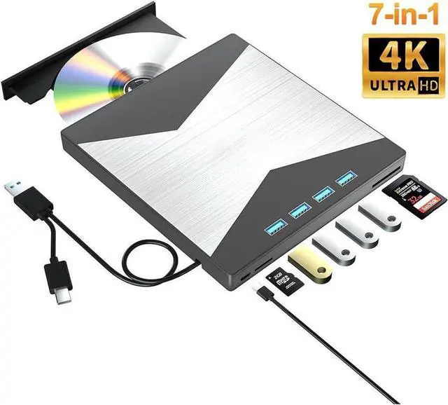 Main image of 7-in-1 External Blu Ray Drive, 4K Portable Blu Ray Burner USB 3.0 Type-C BD Player with SD/TF Port, CD/DVD Burner R/W 3D BluRay Drive, External 4K Blu Ray Drive Compatible with Windows MacOS Laptop PC