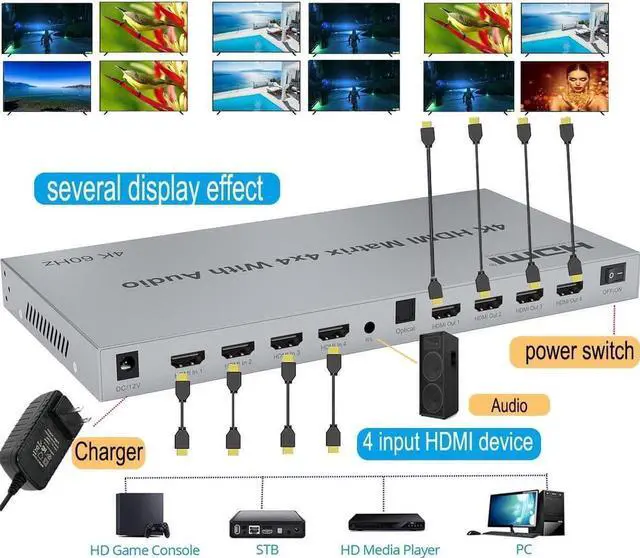Alt view image 4 of 7 - 4K HDMI Splitter, 4 in 4 Out HDMI Matrix Switch, HDMI 2.0 Support 3840x2160@60Hz with Audio Switch, IR Remote+ Button Press + RS232 Control, Support EDID Audio Extractor, 3D, HDR, 18 GBPS, HDCP 2.2