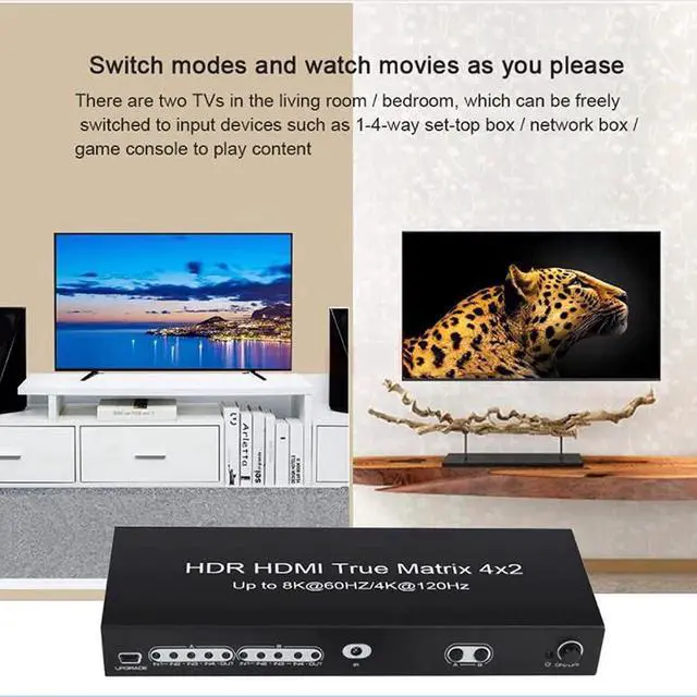Alt view image 7 of 7 - 4x2 HDMI Matrix, UHD 8K @60Hz HDMI Matrix Switcher 4 in 2 Out 4K @120Hz HDR HDMI Splitter HDMI Scaler 8K 60Hz Sync, HDCP2.3 HDMI2.1 40 Gbps HDMI 2.1 Matrix 4x2 IR and Power Adapter