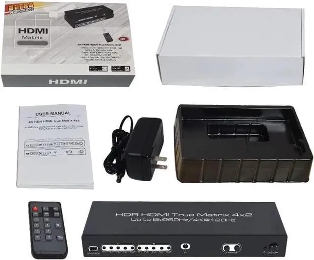 Alt view image 5 of 7 - 4x2 HDMI Matrix, UHD 8K @60Hz HDMI Matrix Switcher 4 in 2 Out 4K @120Hz HDR HDMI Splitter HDMI Scaler 8K 60Hz Sync, HDCP2.3 HDMI2.1 40 Gbps HDMI 2.1 Matrix 4x2 IR and Power Adapter