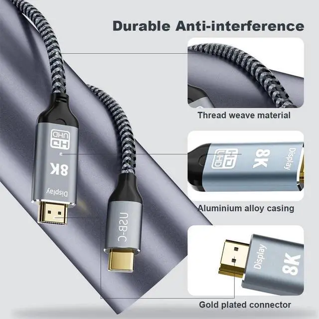 Alt view image 4 of 7 - USB C USB3.1 to HDMI 8K 2.1 Cable 3.3FT 7680x4320 8K@60Hz 4K@120Hz UHD HDR High Speed 48Gbps Thunderbolt 3 Compatible for HDTVs Projectors and Monitors 3.3 ft.