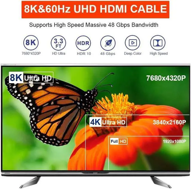 Alt view image 2 of 7 - 8K HDMI 2.1 Cable  48Gbps Ultra HD Lead High Speed Cord Connector, Supports 8K@60HZ, 4K@120Hz, eARC HDR10, HDCP 2.2/2.3 Dolby, VRR, Compatible with Fire TV/Roku TV/PS5/Xbox X/Switch 3.3 ft.