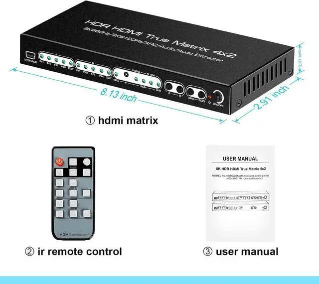 Alt view image 5 of 6 - 8K HDMI Matrix, HDMI2.1 8K 4K Matrix Switch Splitter 8K @60Hz HDMI 2.1 Matrix 4x2 Switcher 4 in 2 Out 4K @120HZ with Remote Support 48Gbps HDR10 HDCP2.3 Dolby Vision Atmos SPDIF 5.1CH ARC