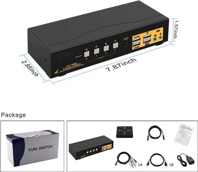Alt view image 6 of 7 - 4 Port KVM Switch Dual Monitor HDMI 4K 60Hz, HDMI KVM Switch for 4 Computers 2 Monitors with USB 2.0 HUB and Cables