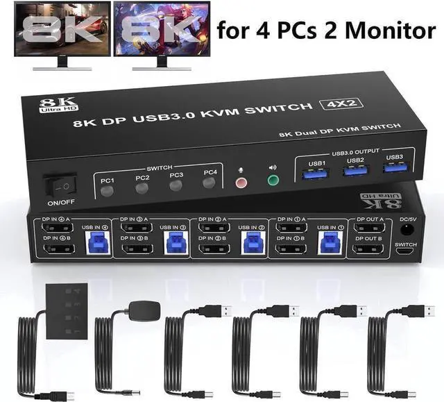 Main image of 4 Port 8K Displayport USB 3.0 KVM Switch 2 Monitors for 4 Computers 2 Monitors, DP1.4 Display Port KVM Switch with Audio Microphone Output and 3 USB 3.0 Port, 8K DP Monitor Switch for 4 PCs 2 Monitors