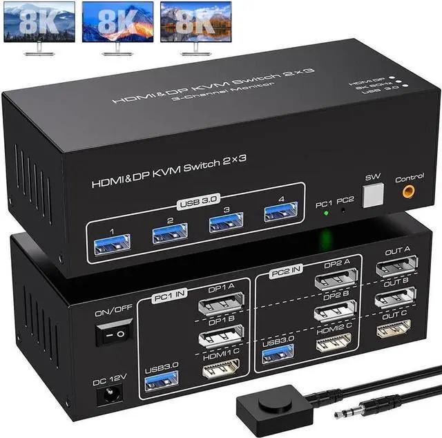 Main image of 8K@60Hz HDMI+2 Displayport KVM Switch 3 Monitors 2 Computers 4K@120Hz USB 3.0 2 DP + HDMI KVM Swtiches Triple Monitor for 2 PC Share 1 Set of Keyboard Mouse Printer Hard Disk Etc Support Extended Mode