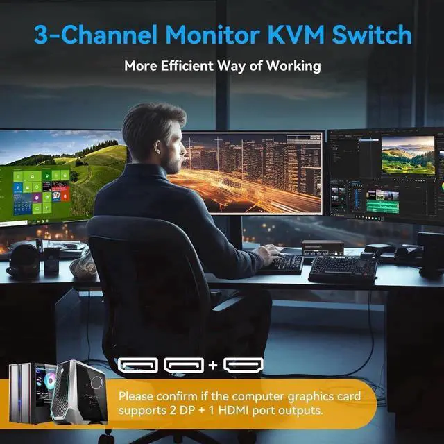Alt view image 7 of 7 - 8K@60Hz HDMI+2 Displayport KVM Switch 3 Monitors 2 Computers 4K@120Hz USB 3.0 2 DP + HDMI KVM Swtiches Triple Monitor for 2 PC Share 1 Set of Keyboard Mouse Printer Hard Disk Etc Support Extended Mode