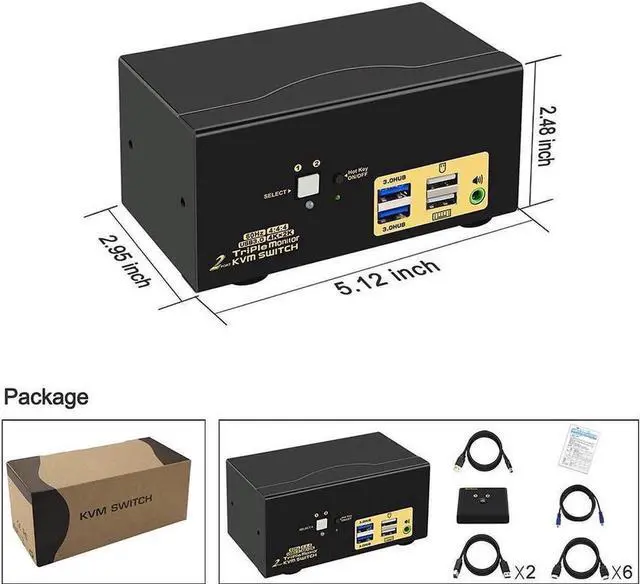 Alt view image 5 of 7 - 2 Port Triple Monitor HDMI KVM Switch, HDMI USB 3.0 KVM Switch with Audio Output, All Input Cables, 2 USB 3.0 Hub for 2 Computers Sharing 3 Monitors Supports Emulation EDID, Hotkey Switching