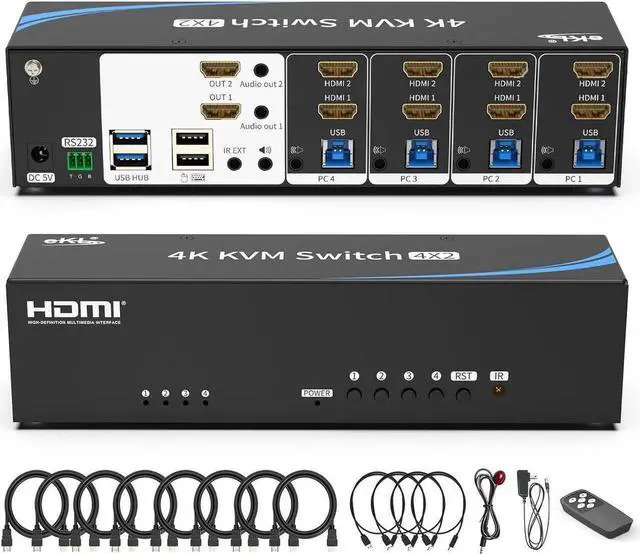 Main image of Real Seamless Switching USB 3.0 HDMI KVM Switch Dual Monitors 4 Computers 4K@30Hz, 4 Port Extended Display, 3.5mm Audio, EDID Emulators, Button, Hotkey, Remote Control, Mouse, RS232 Code Switching