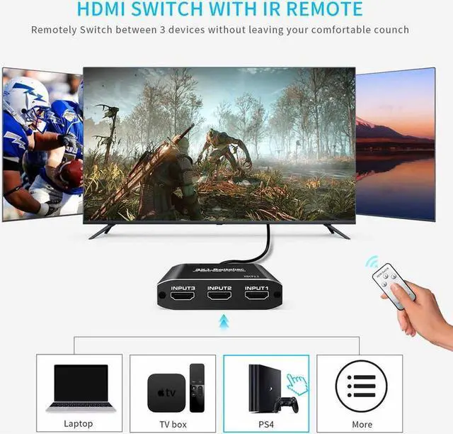 Alt view image 7 of 7 - 3x1 HDMI Splitter Aluminum HDMI Switch 3 in 1 Out with IR Remote Control, Supports 4k@60HZ 3D HD1080P, HDMI Switcher for PS3 PS4 Pro TV