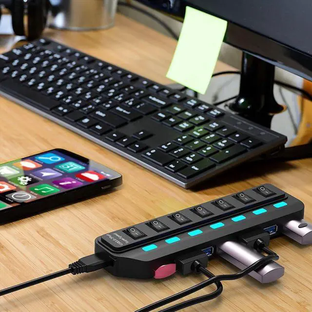 Alt view image 5 of 7 - USB 3.0 Hub Splitter 7Port USB Ultra Slim Data Hub USB Expander Computer Accessories with Individual Power Switch LED