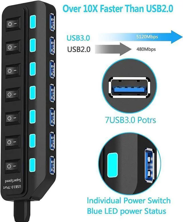 Alt view image 3 of 7 - USB 3.0 Hub Splitter 7Port USB Ultra Slim Data Hub USB Expander Computer Accessories with Individual Power Switch LED