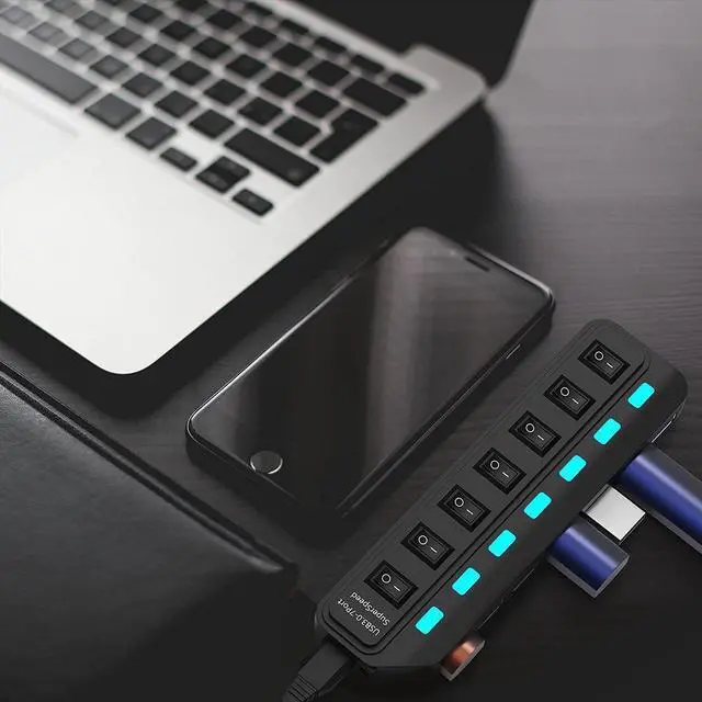 Alt view image 7 of 7 - USB 3.0 Hub Splitter 7Port USB Ultra Slim Data Hub USB Expander Computer Accessories with Individual Power Switch LED