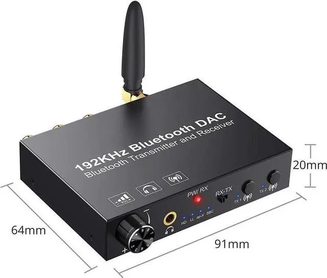 Alt view image 2 of 7 - 192KHz DAC Digital to Analog Audio Converter Bluetooth5.0 Transmitter Receiver with aptX HD aptx Low Latency Wireless Audio Adapter